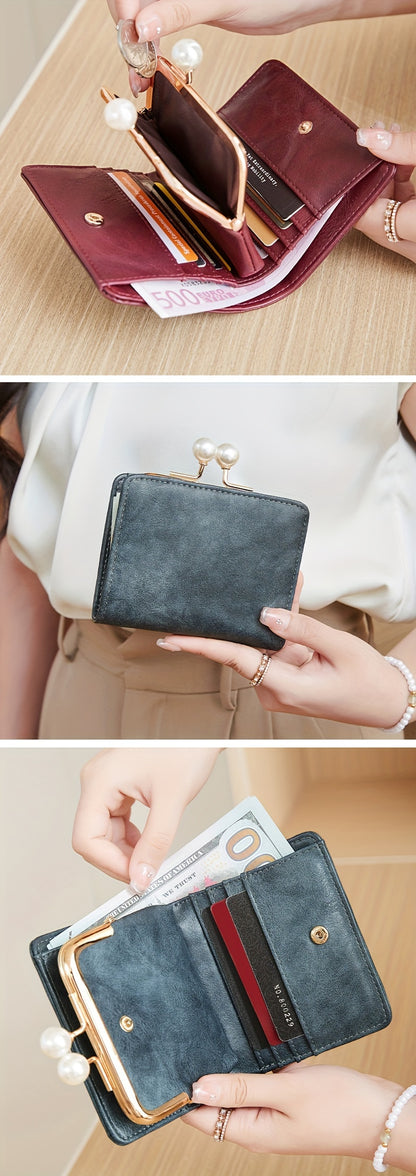 Women's Wallet Short Compact Three Layer LargeCapacity Retro Pearl Wallet High Quality PU Multi Card Seat/Coin ZeroWallet