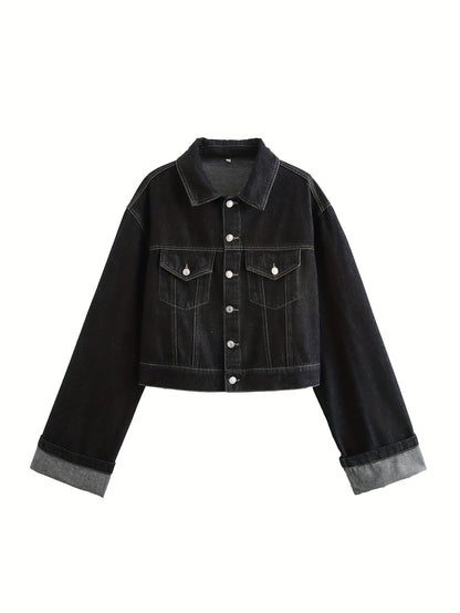 One Summer-Autumn Women's Short Rolled Sleeve Oversized Style Jacket with Contrast Stitching, Metal Buttons for Urban Street Fashion, Jackets for Women High Quality, Casual Wear, Everyday Jacket, Modern Design, Metal Detailin