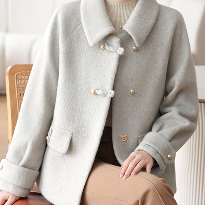 Snow Evening Women's 2025 New Winter Jacket - Short Wool-Blend Tweed Coat for Moms & Seniors, Thickened Warm Collar with Golden Buttons, Elegant Cold-Resistant Outerwear, Hand Washable (Grey/Black) - Professional & Casual Win