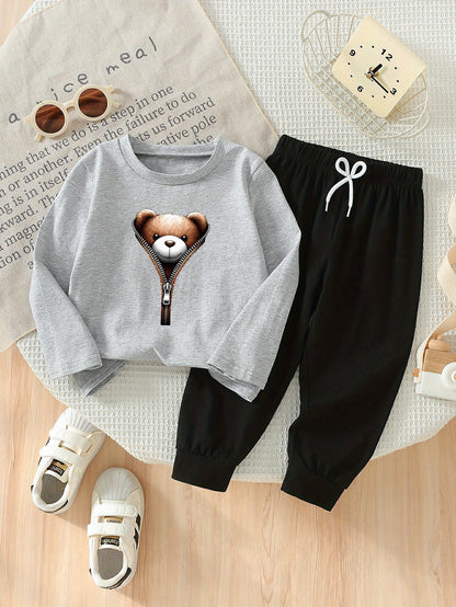 Boys' Casual Zipper Teddy Bear Print Cotton Spring Pants Set