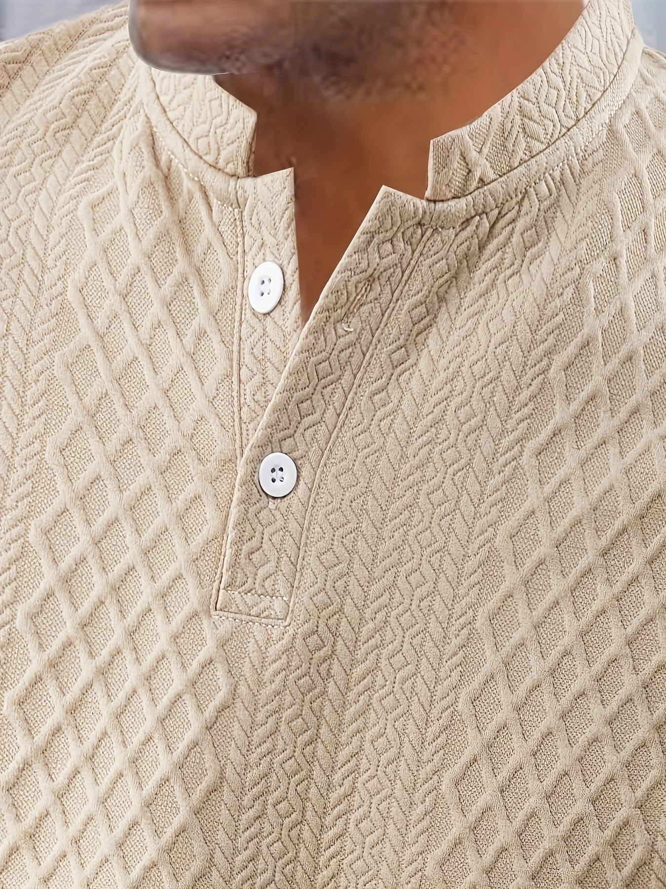 2pcs Set, Men's Casual Suit, Jacquard Fabric, Round Neck Short Sleeves with Buttons, Jacquard Shorts with Drawstring - ayq