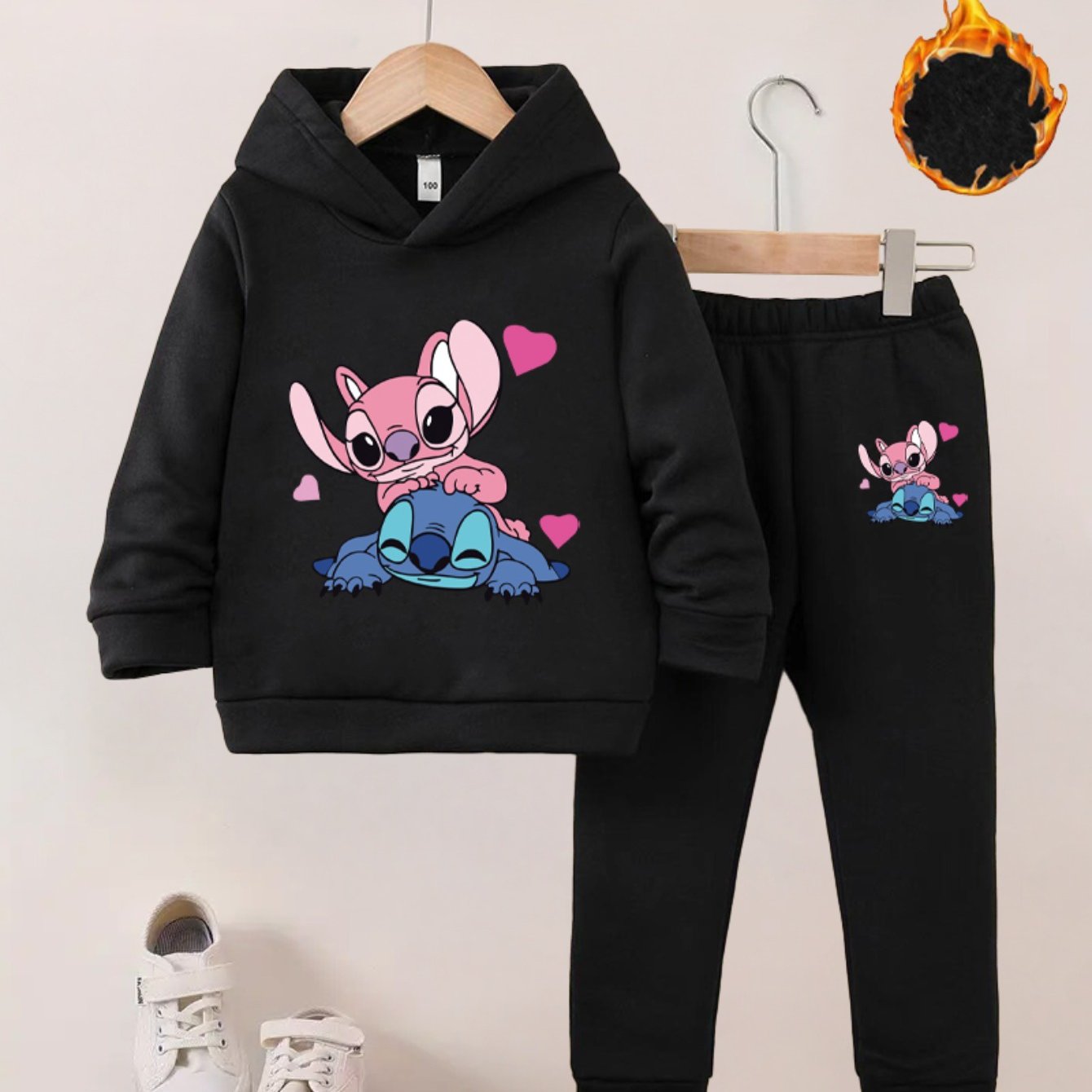 Series Stitch Girls' Two-Piece Autumn Winter New Hoodie Set - Available in Multiple Colors, Cartoon Print Embellishments, 3-10 Years Old, Outdoor Activity Fleece, for Outdoor, Thick