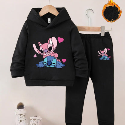 Series Stitch Girls' Two-Piece Autumn Winter New Hoodie Set - Available in Multiple Colors, Cartoon Print Embellishments, 3-10 Years Old, Outdoor Activity Fleece, for Outdoor, Thick