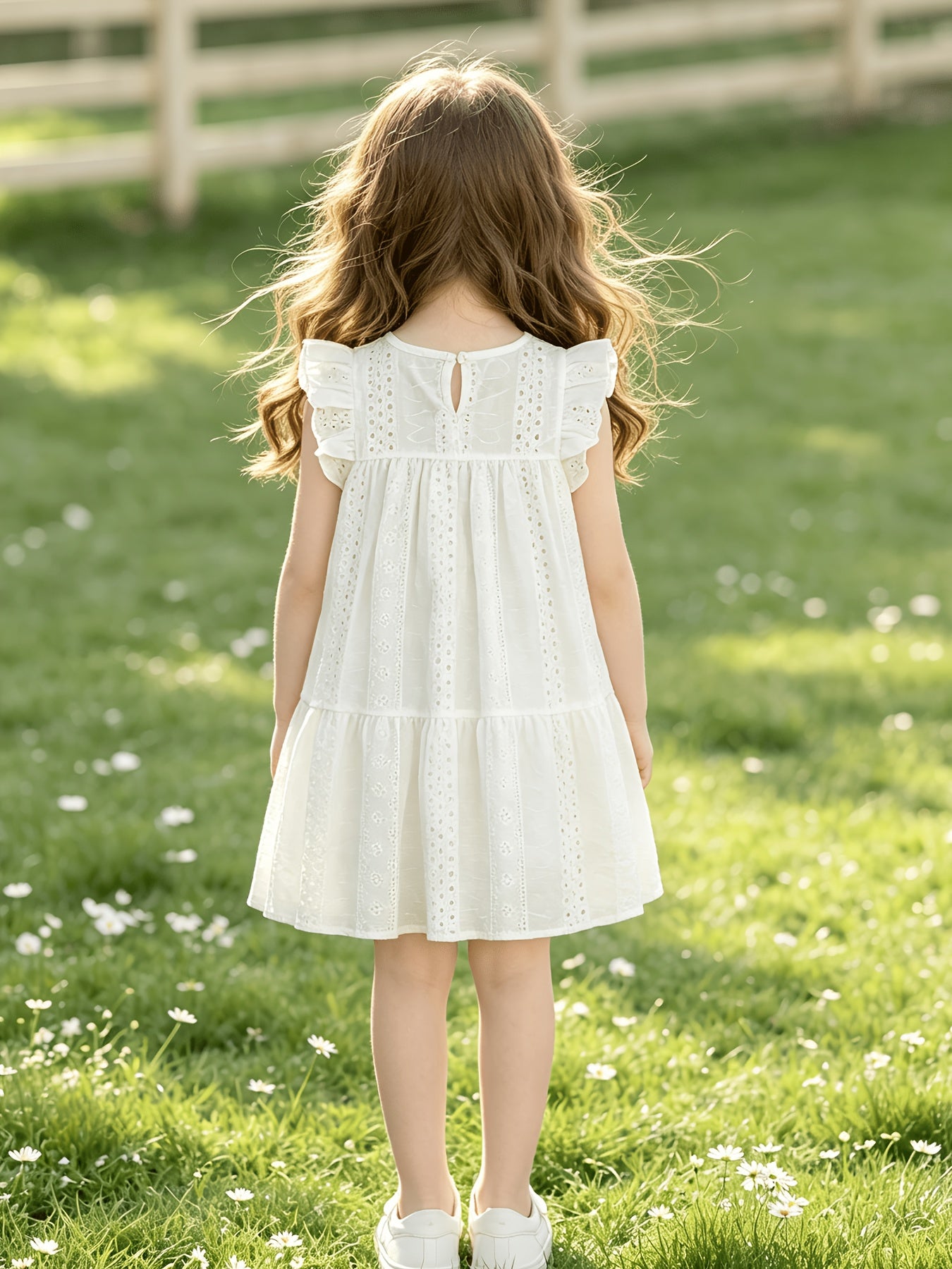 Girls' Summer White Lace Puff Sleeve Cotton Dress