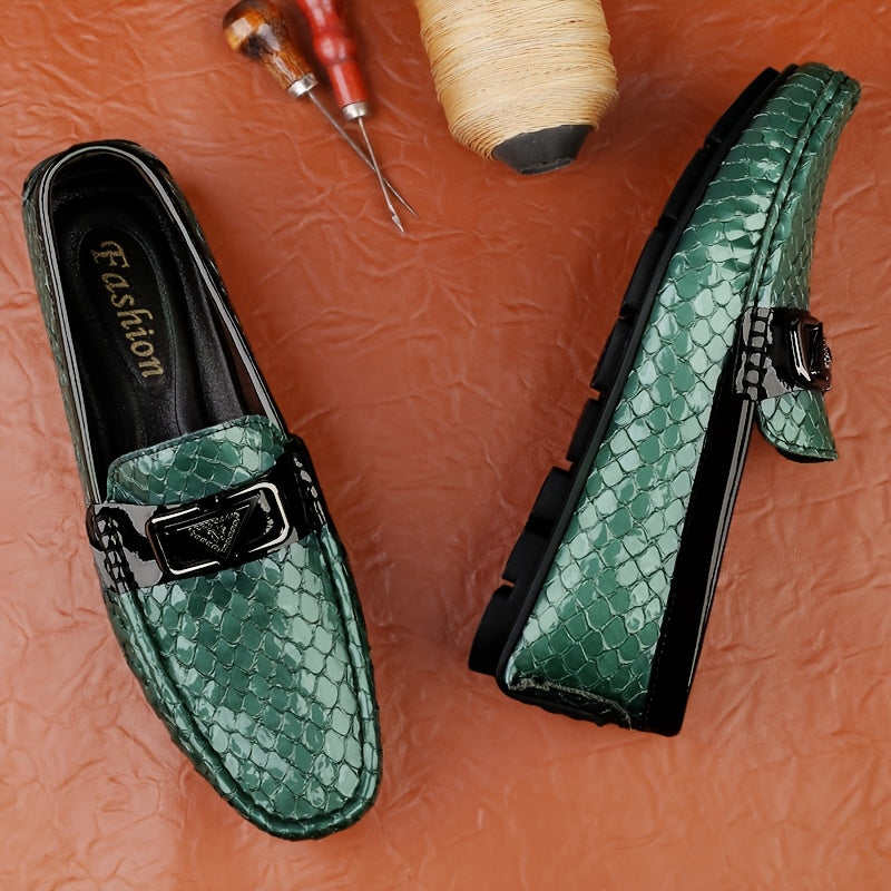 Men's Trendy Faux Snake Skin Loafers with Metal Buckle, Soft Sole