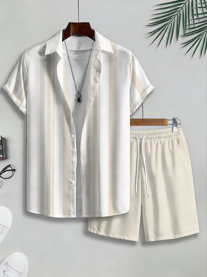 Men's Casual 2-Piece Striped Button-Up Shirt & Shorts Set