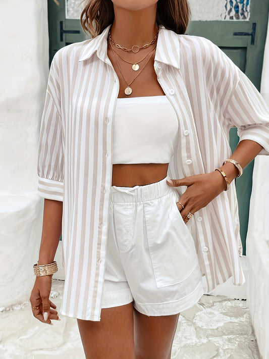 Women's Casual Striped Viscose Shirt with Lapel Collar