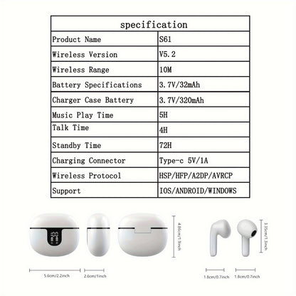 Wireless Earbuds Headphones, 40H Playtime Stereo Ear Buds, LED Power Display Cordless In-Ear Earphones with Microphone for iOS Andriod Cell Phone Sports