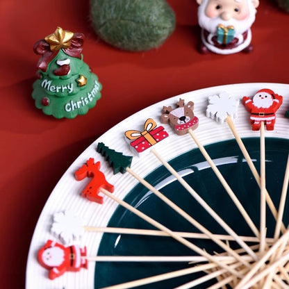 100pcs Festive Christmas Fruit Skewers with Santa, Reindeer, Snowflake & Tree Designs - Disposable Bamboo Picks for Parties, Desserts, Cocktails & Hamburgers, Christmas Dessert Decorations, Durable Fruit Skewers