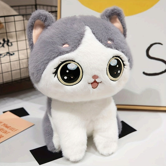 Adorable Kawaii Cat Plush Toy - Soft, Fluffy Stuffed Animal in Gray/Black - Perfect for Home & Sofa Decor, Ideal Birthday or Holiday Gift