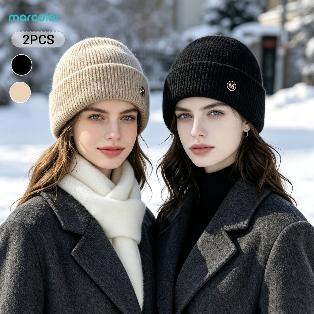 2-Pack Women's Ribbed Knit Beanie Hats with Metal Badge