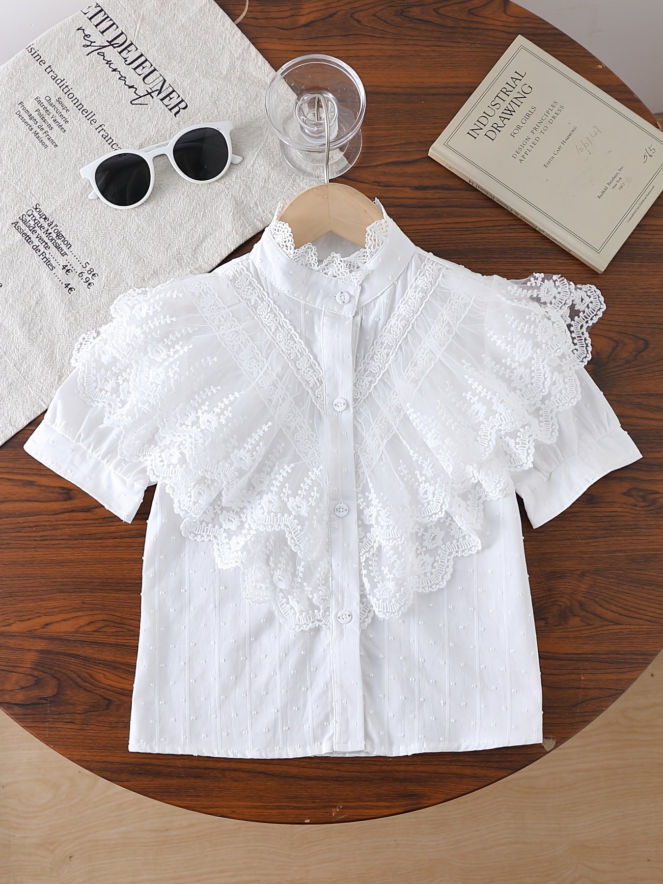 Girls' Summer Cotton Short-Sleeve Shirt with Lace Trim Collar