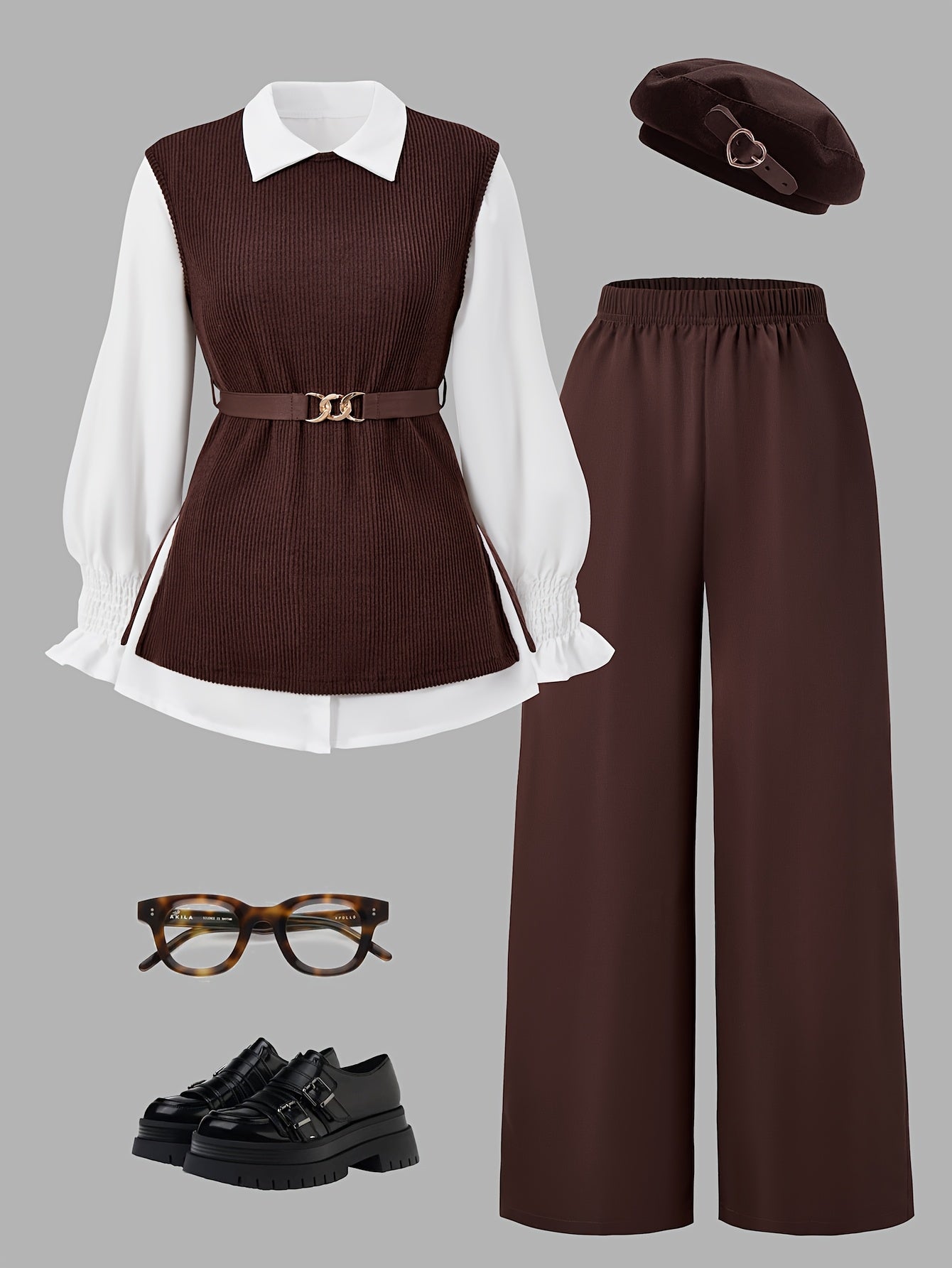 Teen Girls' Casual Spring Outfit Set: Puff Sleeve Shirt, Vest & Wide-L