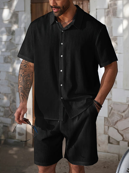 Men's Summer Casual Shirt and Shorts Set, Lightweight Polyester