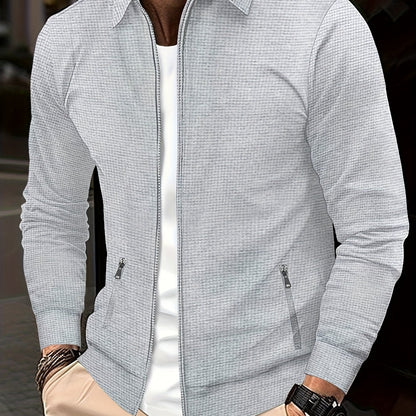 Men'S Light Grey Zip-Up Jacket with Full-Zip Closure, Stand Collar & Zippered Pockets - Heavy-Duty Winter Coat, Machine Washable, Full-Zip Front Closure