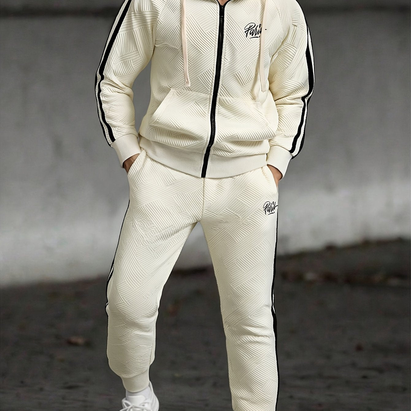 Men's Spring & Fall Jacquard Embroidered Striped Tracksuit Set - 2pcs Zip-Up Hoodie & Pants for Daily Wear, Sports & Outdoor Trips