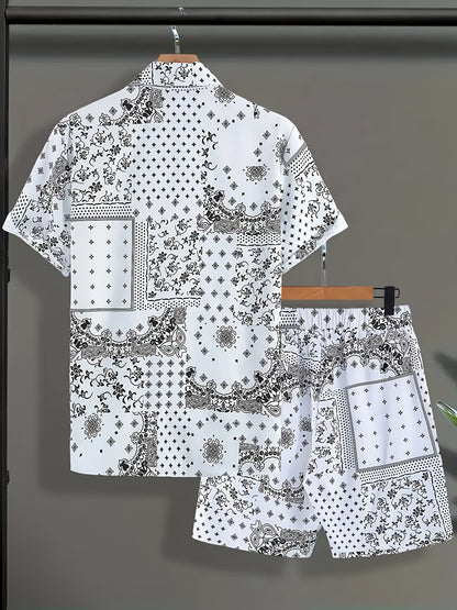 Men's Casual Suit Set with Short Sleeve Shirt and Printed Shorts