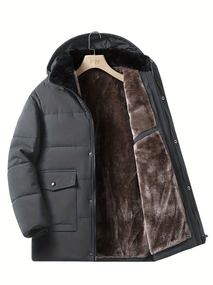 Men's Heavy-Duty Winter Hooded Jacket with Fur-Like Collar & Pockets - Navy Blue/Brown Coat, Golden-Tone Zipper Closure, -Filled Casual Outerwear for Cold Weather (Hand Wash/Dry Clean)