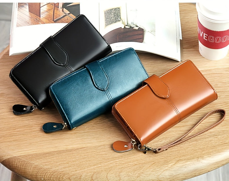 Two-Layer Cowhide Leather Clutch Wallet for Men & Women, Casual Large Capacity RFID Blocking Zippered Hand Purse with Transparent ID Slot and Anti-Theft Brush, Versatile for Going Out