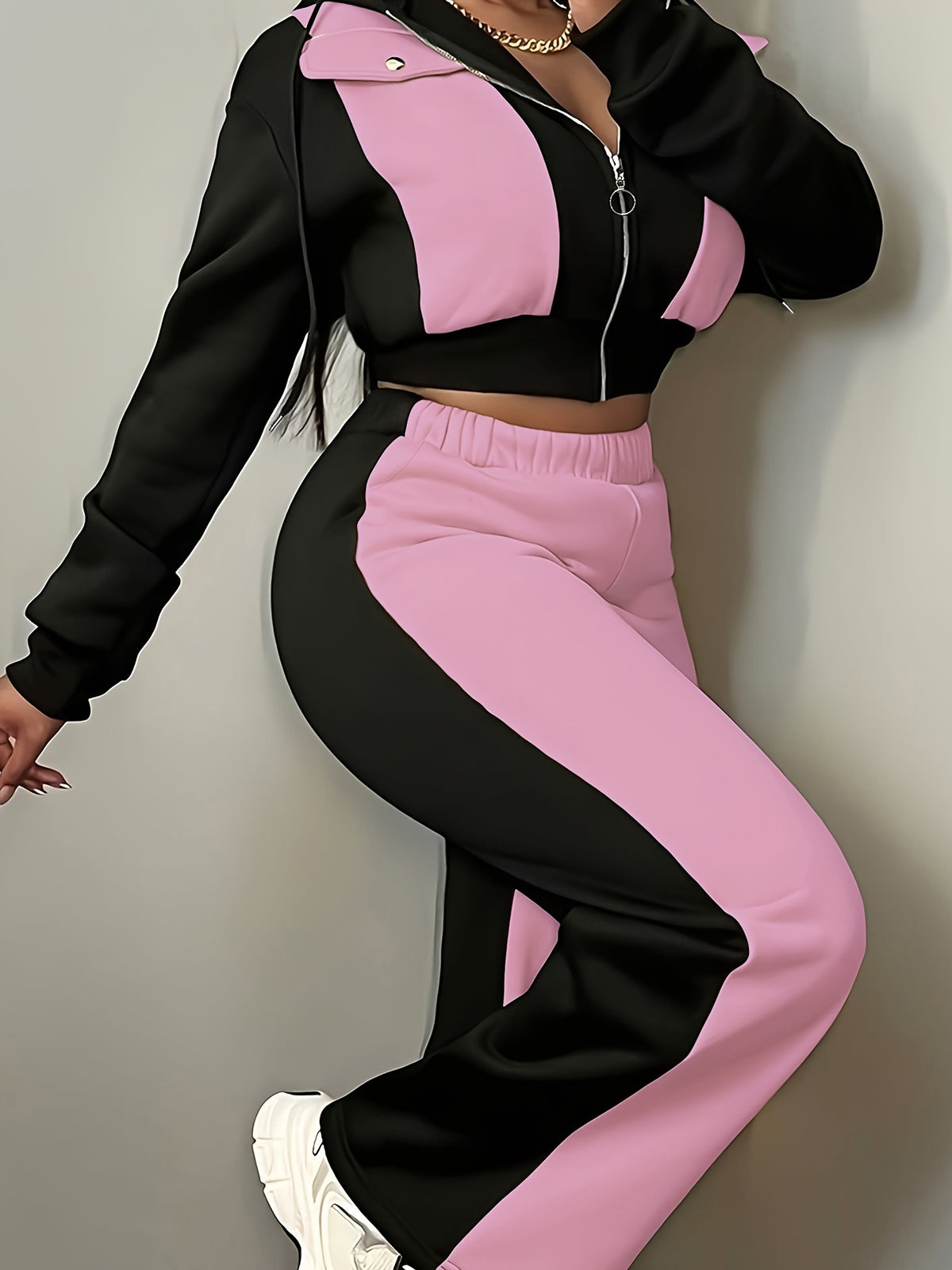 Women’s Color Block Hooded Sweatshirt and Pants Set for Fall-Winter - ayq