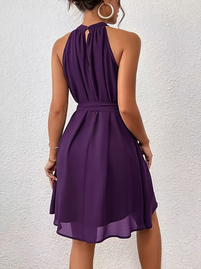 Women’s Solid Color Chiffon Halter Neck Summer Dress with Belt