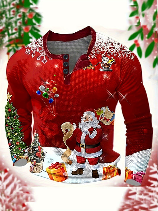Men'S Red & Waffle Christmas Sweater with Santa Claus & Snowflake Print - Long Sleeve V-Neck Button-Front Casual Holiday Party Shirt, Christmas Sweater, Seasonal Clothing, Comfortable Fit, Festive Clothing, Warm Material