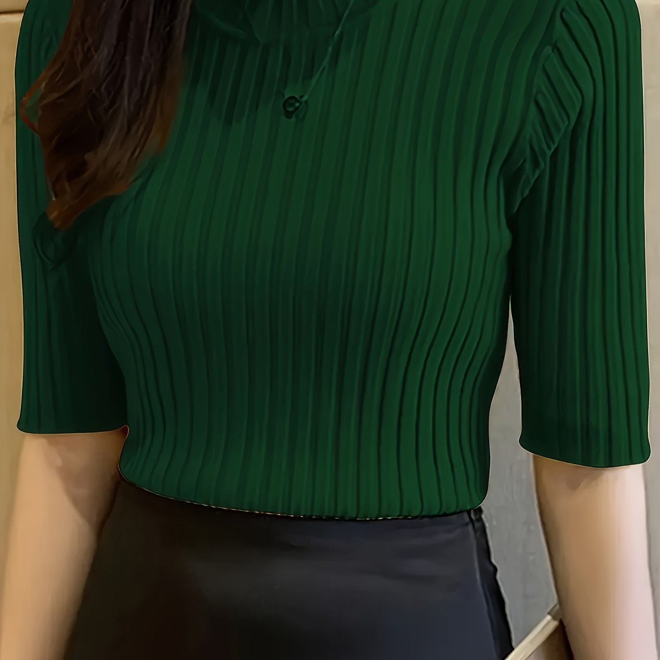 Women's Elegant Solid Color Ribbed Pullover Top - Short Sleeve Regular Fit Machine-Washable All-Season Versatile Blouse for Casual & Formal Wear