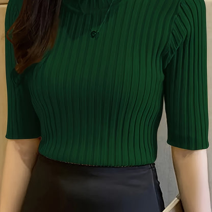 Women's Elegant Solid Color Ribbed Pullover Top - Short Sleeve Regular Fit Machine-Washable All-Season Versatile Blouse for Casual & Formal Wear