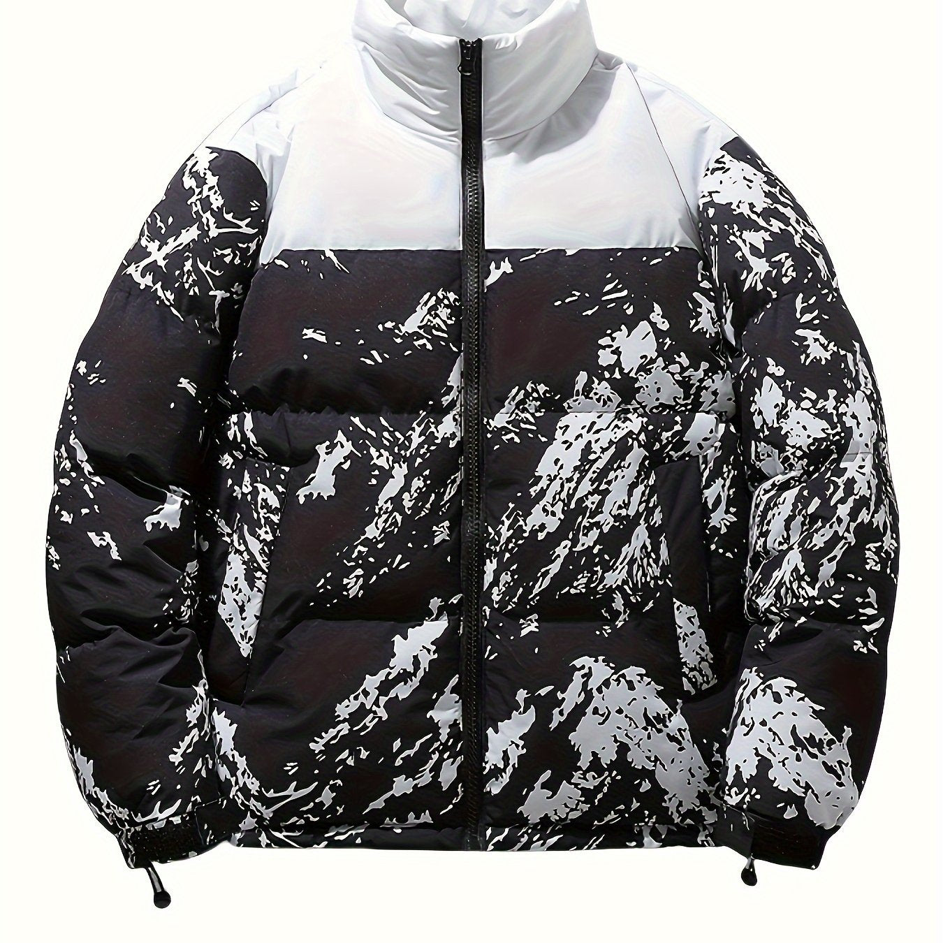 Men's Winter Jacket Windproof Coat with Stand Collar & Camo Marbled Pattern (Black/White/Grey) - Thickened Padded, Full-Zip Closure, for Skiing,, Outdoor Activities - Cold Weather Survival