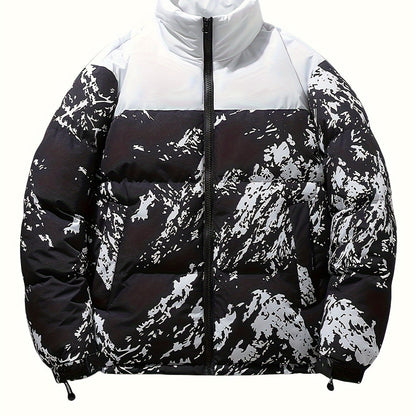 Men's Winter Jacket Windproof Coat with Stand Collar & Camo Marbled Pattern (Black/White/Grey) - Thickened Padded, Full-Zip Closure, for Skiing,, Outdoor Activities - Cold Weather Survival