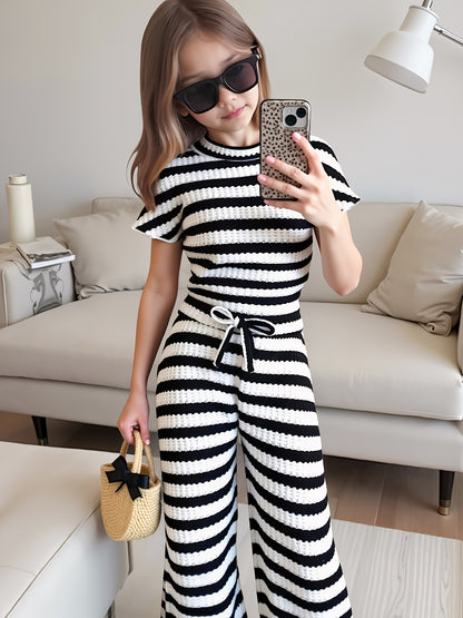Girls' Striped Short-Sleeve Top & Long Pants Set - Elegant Casual