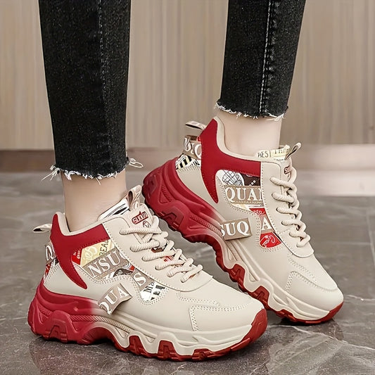 Women's Chunky Platform Sneakers - High-Top Lace-Up Shoes with Cushioned PVC Sole, Beige/White/, Synthetic Cover Upper - All-Season Outdoor, Casual, Office Shoes for Everyday  Formal Outfits - Lightweight Thick Platform Foot