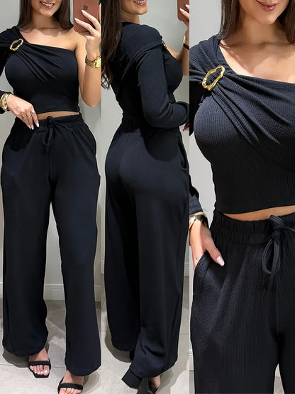 Slim-Fit Long-Sleeve Top & Casual Solid Trousers Set for Women - ayq