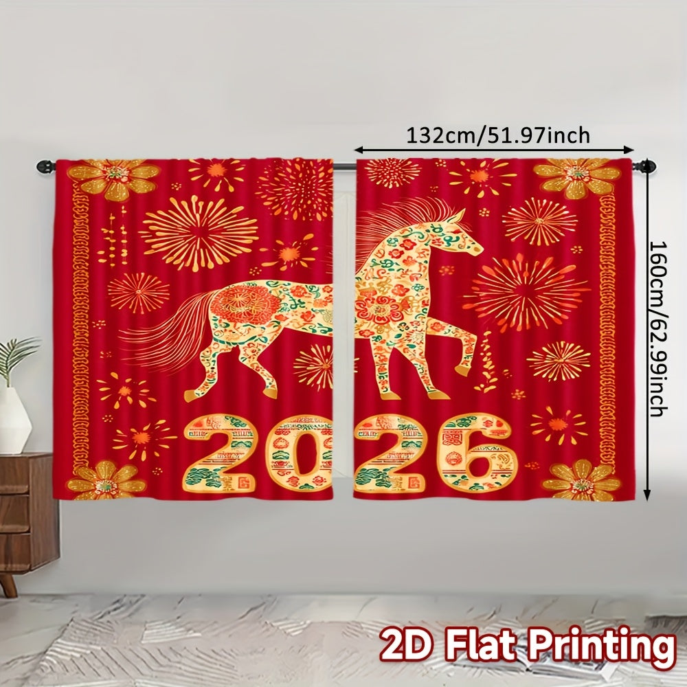 2D Flat, 2pcs, 2D Flat Printing New Year atmosphere curtains Festive Horse 2026 Celebration, Polyester, for Bedroom, Study, Living Room, Balcony, Office, Dormitory, Home Decoration, (rod free), 2D Flat, Celebration Setup, Sea