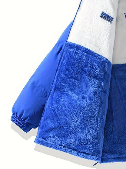 Men'S Double-Sided Fleece-Lined Thickened Jacket - Casual Stand Collar with Letter Print, Regular Fit, Pockets, Polyester Fill, Versatile for Fall/Winter, Winter Jacket