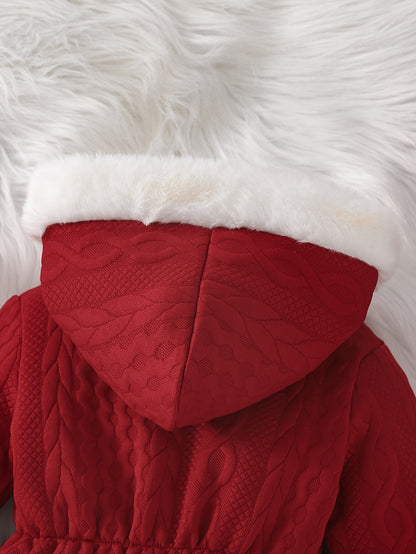 Baby Girl'S Cute Thickened Knit Romper with Hood and Bow Accent, Perfect for Outdoor Christmas and Autumn/Winter Wear, P101924, Perfect for Outdoor Christmas And Autumn/Winter