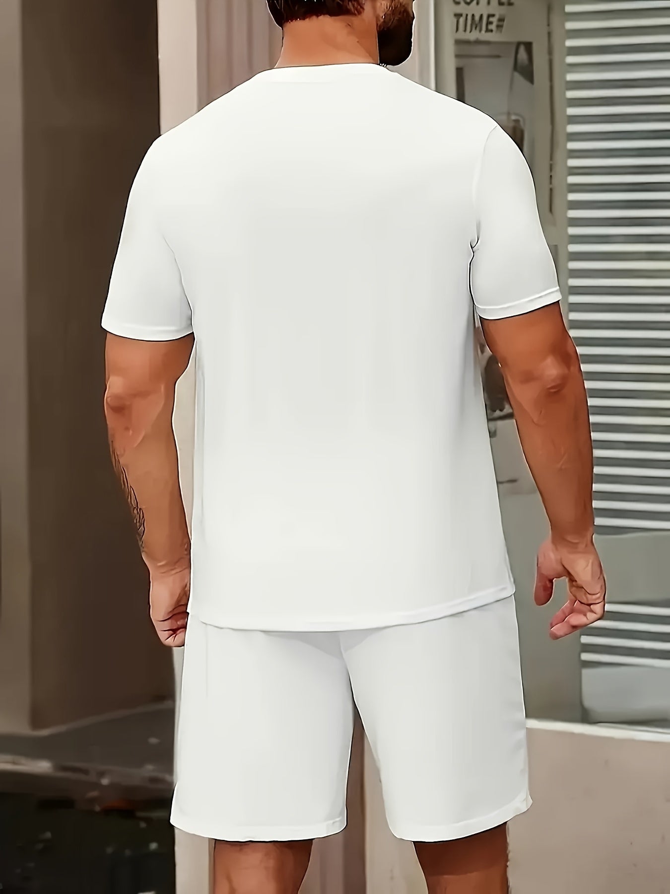 Los Angeles English Pattern Men's Short Sleeve Shirt + Casual Sport Set, Breathable Soft Summer Outfit with Pocketed Shirt and Drawstring Shorts