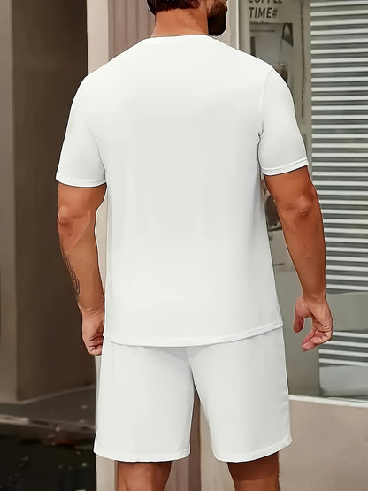 Los Angeles English Pattern Men's Short Sleeve Shirt + Casual Sport Set, Breathable Soft Summer Outfit with Pocketed Shirt and Drawstring Shorts