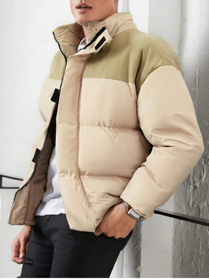 Men's Winter Color-Block Jacket with Stand Collar - Black & Casual Outdoor Warm Coat, Polyester-Filled Zipper Front, Regular Fit for Cold Weather, No Stretch Fabric