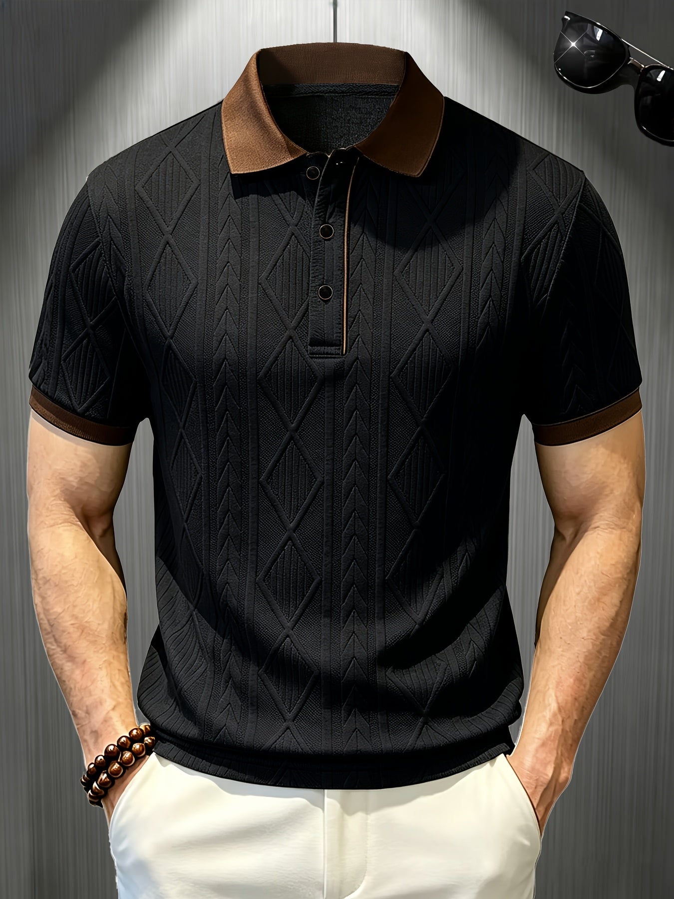 Men's Casual Polo Shirt with Breathable Jacquard Fabric