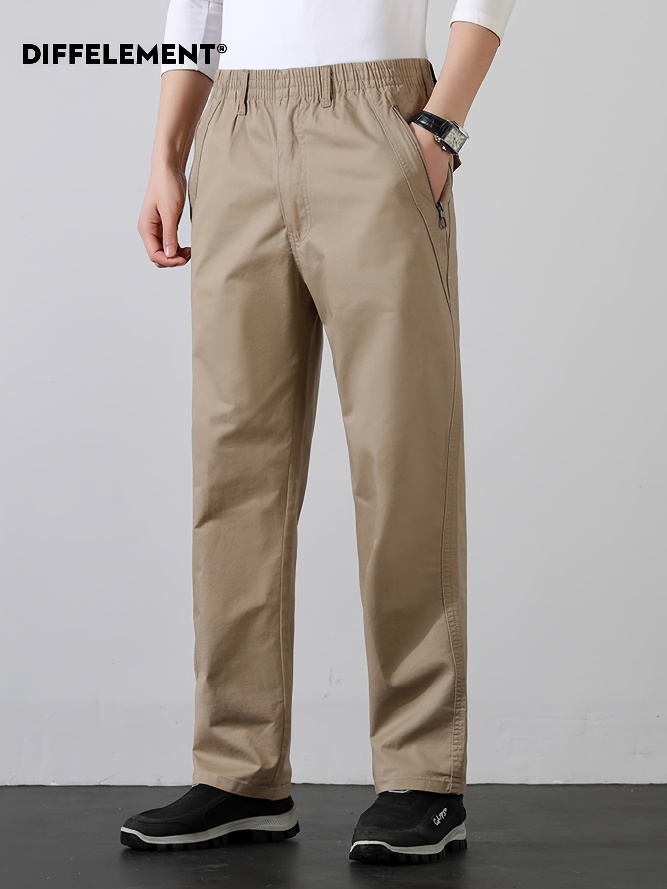 Men's Cotton Casual Trousers with Elastic Waist and Zipper Pockets