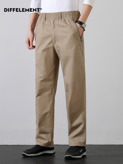 Men's Cotton Casual Trousers with Elastic Waist and Zipper Pockets