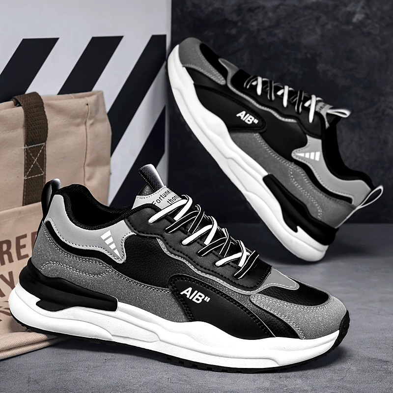 Men'S Fashion Sneakers, Casual Sports Shoes, All-Season Lace-Up Low Top, PU Upper, Fabric Lining, Rubber Sole, EVA Insole, Round Toe, with Trendy Thick Sole for Hiking, Outdoor, Daily Wear