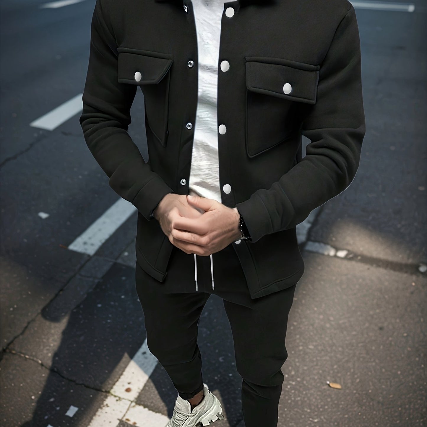 1set Men'S Casual Solid Color Polyester Outfit - Long Sleeve Button-Down Lapel Collar Jacket with Pockets and Drawstring Long Pants Set for Fall/Winter