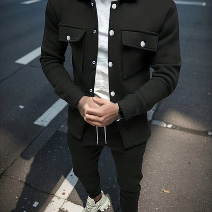 1set Men'S Casual Solid Color Polyester Outfit - Long Sleeve Button-Down Lapel Collar Jacket with Pockets and Drawstring Long Pants Set for Fall/Winter