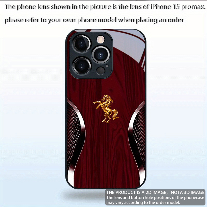 Tempered Glass Phone Case with Red Wood Grain & Golden Horse Design