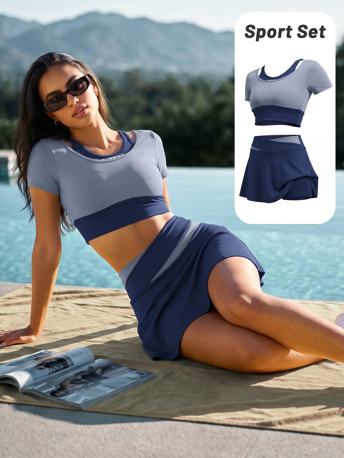 Women's Summer Colorblock Sports Set with Built-in Bra & Skirt