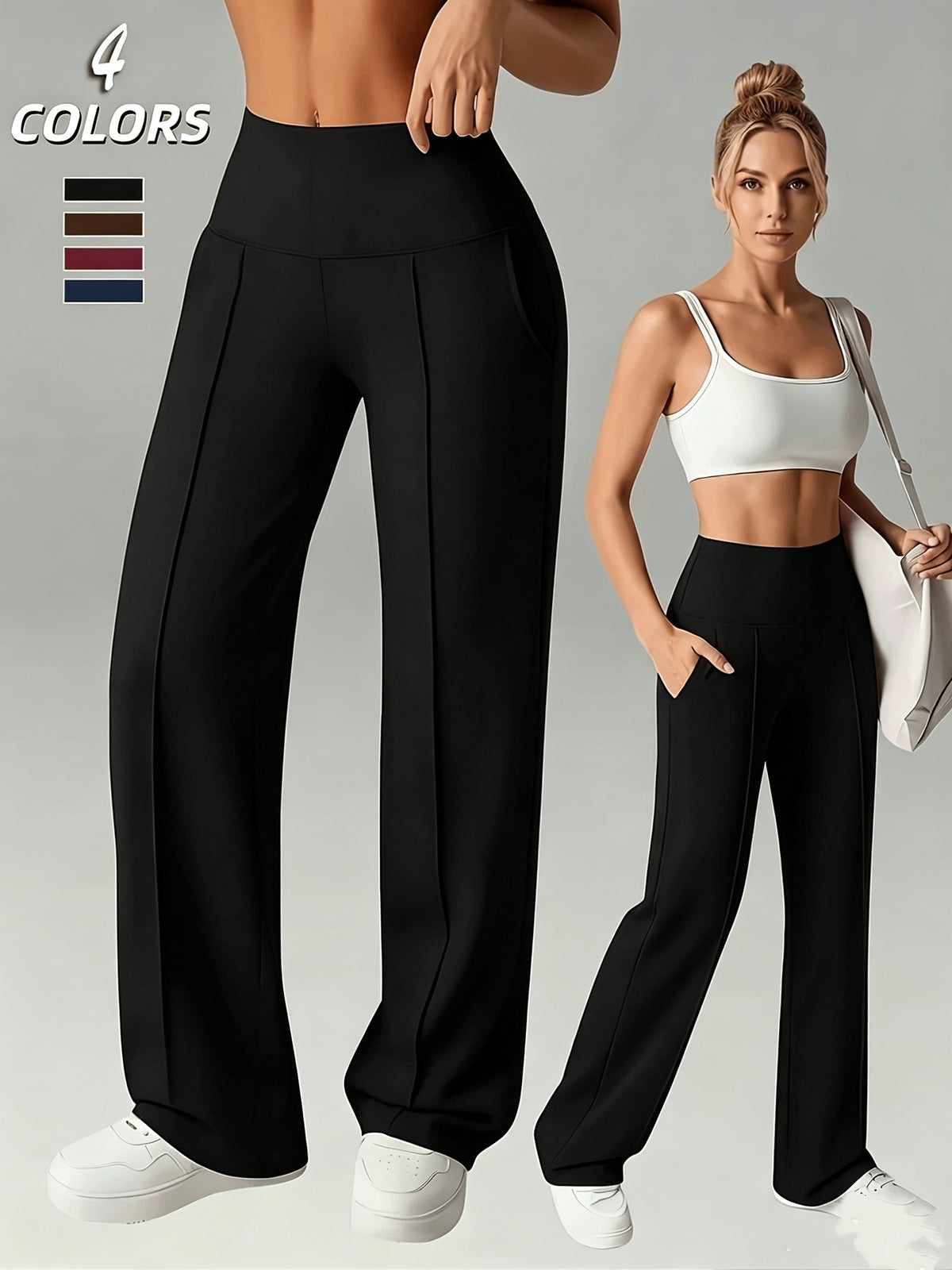 Women's Wide-Leg Straight Pants with Pleats & Hidden Pockets