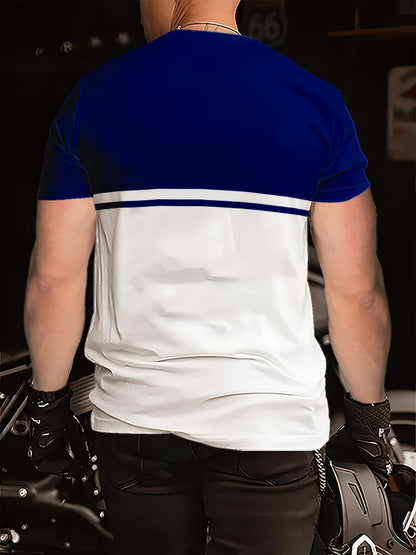 Men's casual short-sleeve round-neck striped polyester knit T-shirt, breathable, 110g/m², slightly stretchy, regular fit, smooth texture, suitable for summer weekend wear