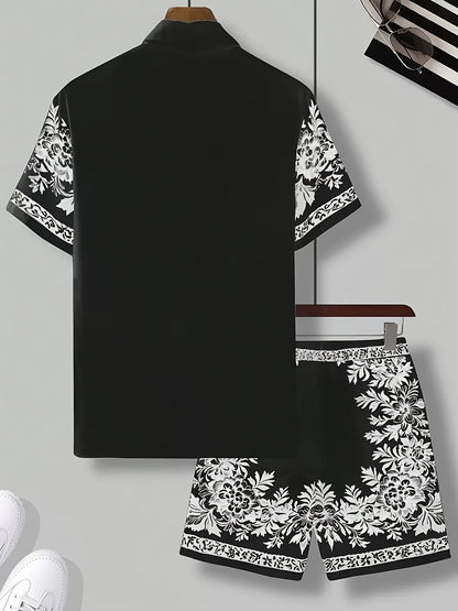 Men'S Two Sets of Floral Print Casual Button-Up + Drawstring Sports Shorts Two-Piece Hawaiian Beach Sports Styl